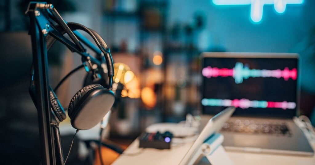 9 Best Software For Podcast Recording: Tools for All Levels Home podcast studio with headphones on a stand, laptop displaying audio waveforms, and neon lights in the background.