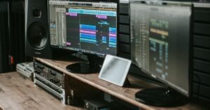 Professional audio recording desk with dual monitors, studio speakers, and audio equipment on a wooden desk.