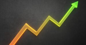 Glowing green and yellow upward arrow on a dark background.