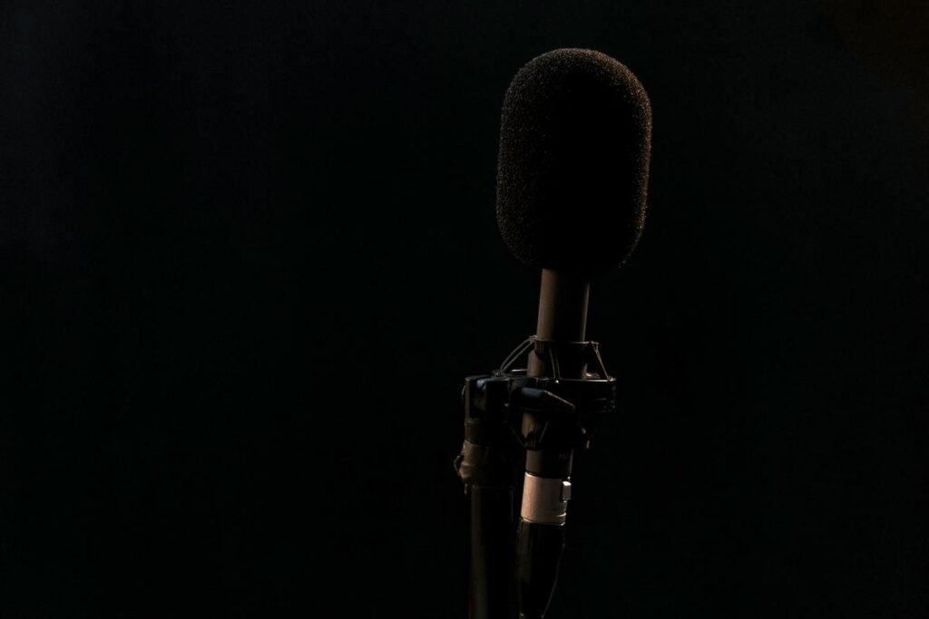 Why Are Podcasts Called Radio on Demand? Close-up of a microphone with a pop filter on a stand, lit against a dark background.