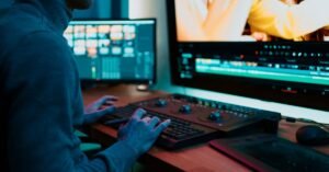Person editing video content on multiple screens.