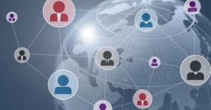Network of connected user icons over a globe.